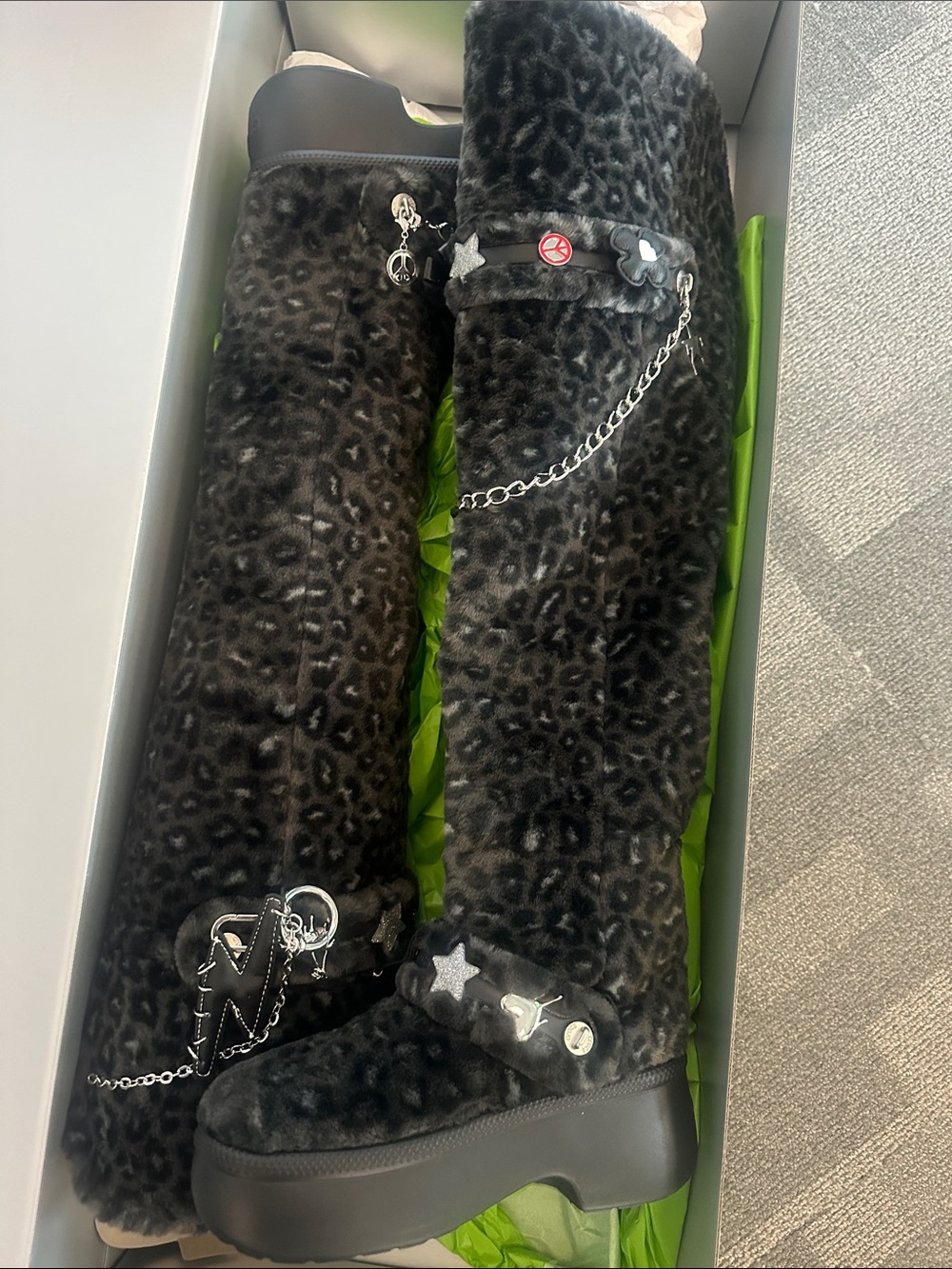 CROCS s Black Leopard Faux-Fur Tall Boots with Silver Charms